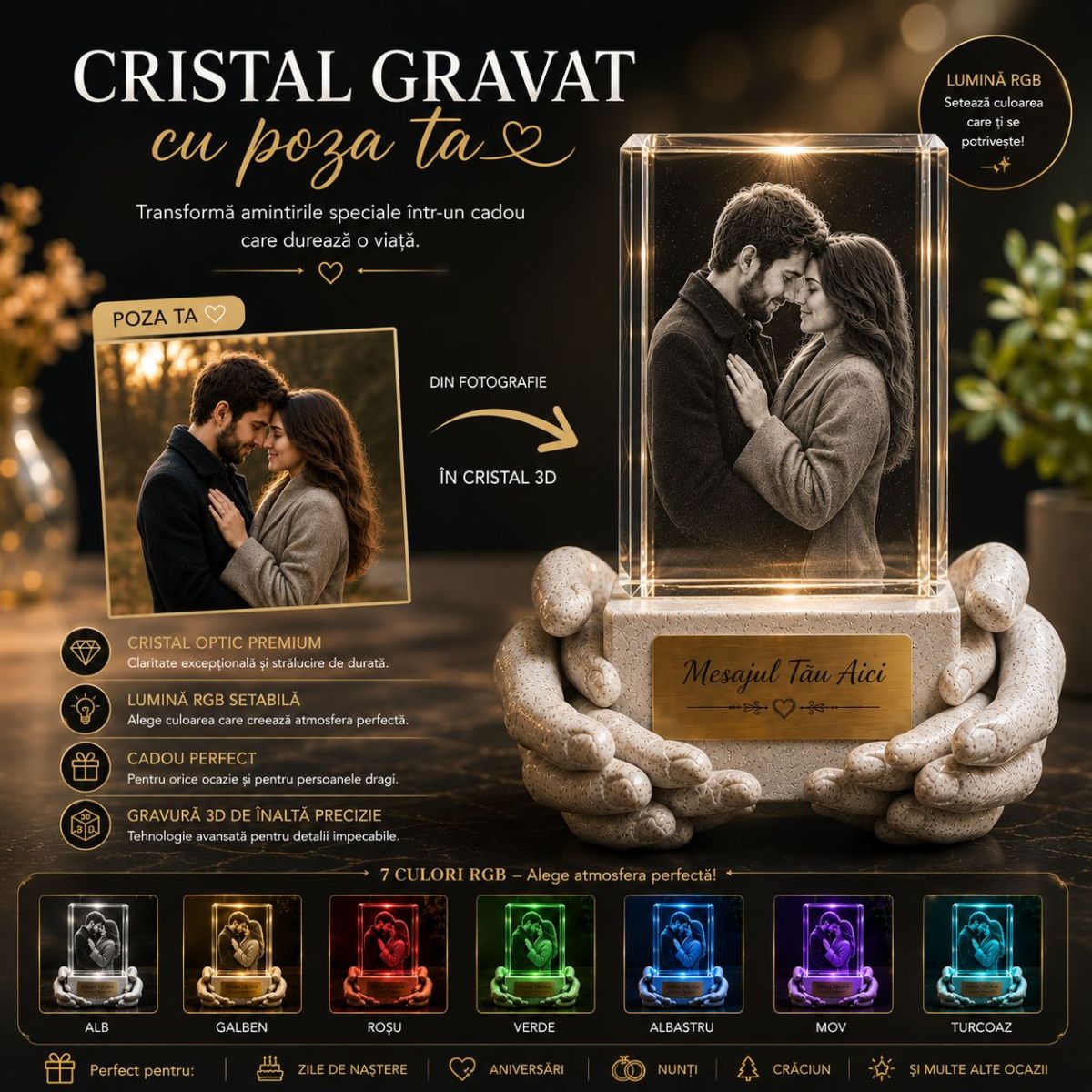 Cadou cristal gravat 3D lampa LED cu poza ta