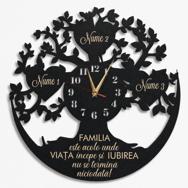 Ceas cadou familie copacul vietii cu inimi gravate