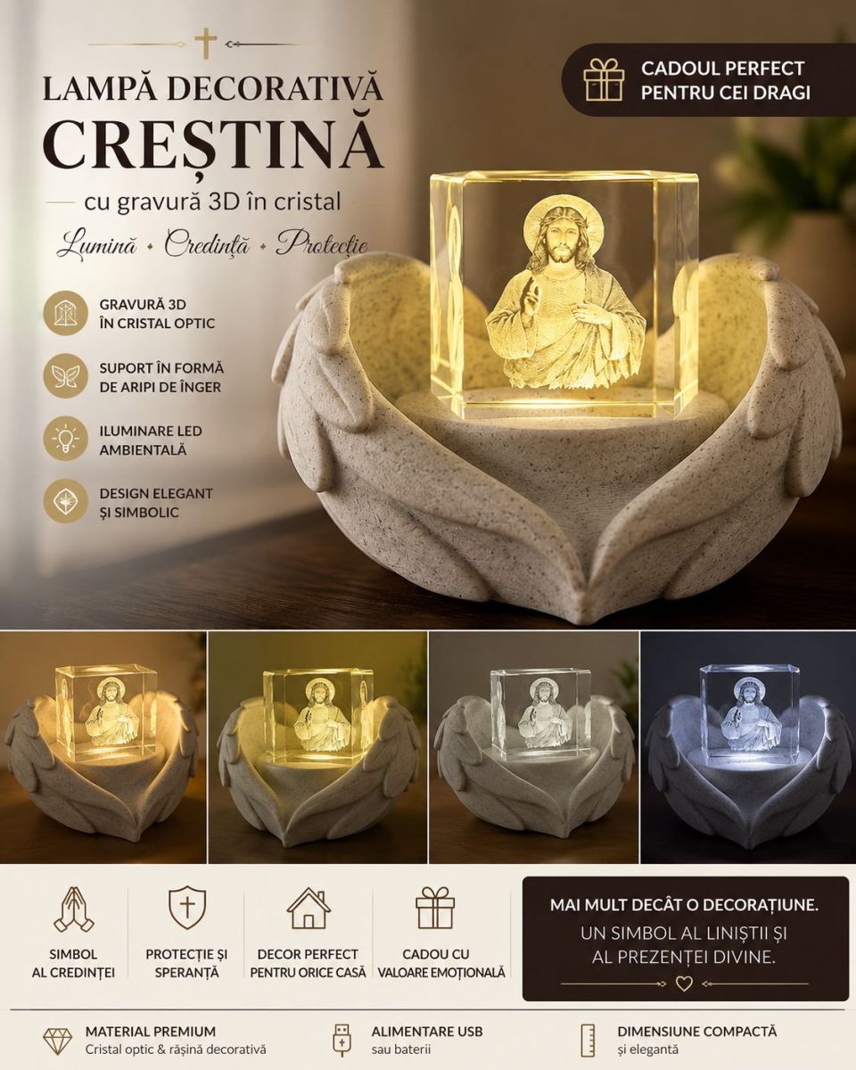 Cristal 3D cu Iisus și Suport Înger