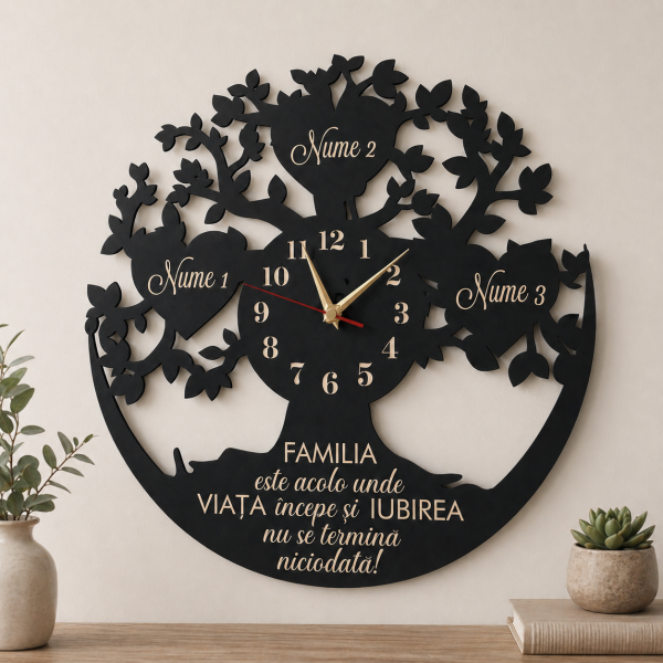 Ceas cadou familie copacul vietii cu inimi gravate